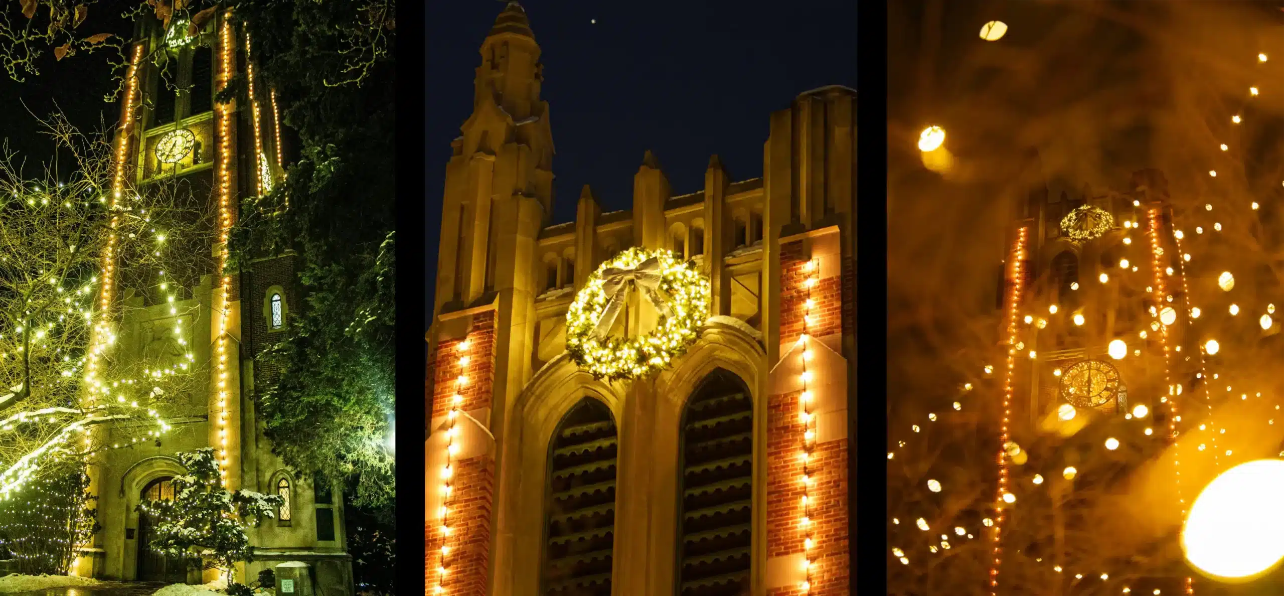 three views of msu tower with lights and wreath