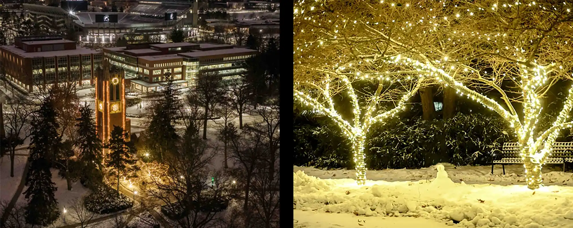 michigan state university holiday lighting - tower aerial view and tree lights
