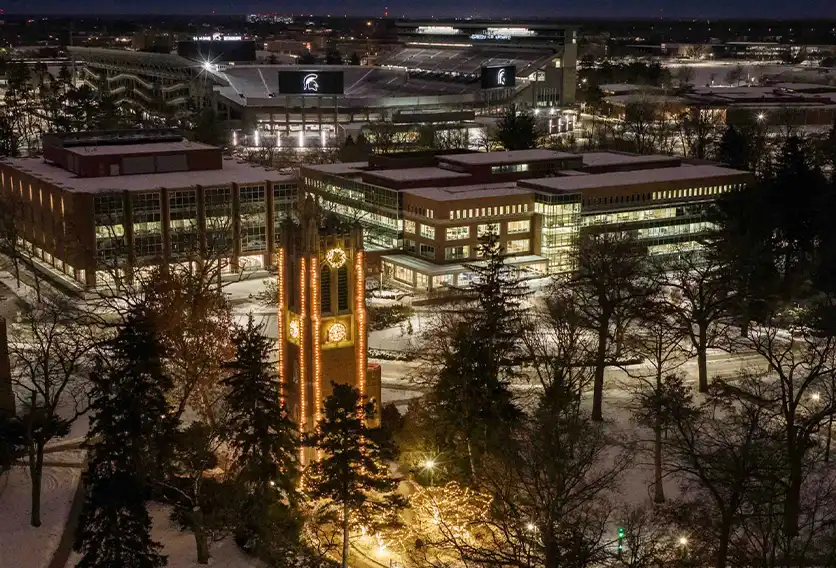 aerial view of decorated msu tower