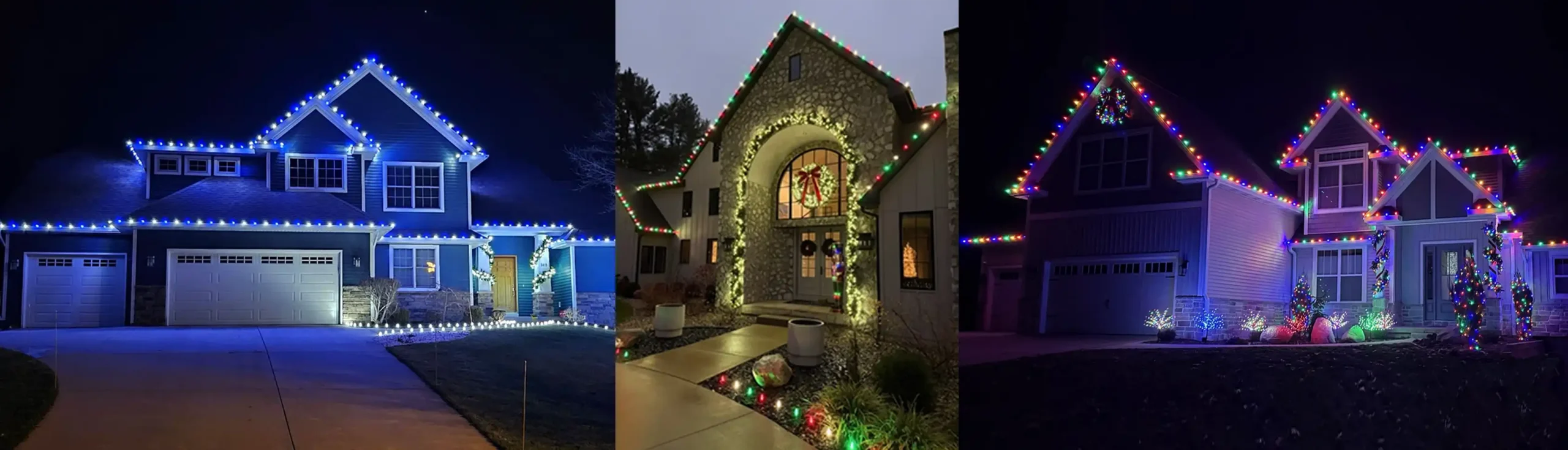 two beautifully decorated homes at night and a brick home with lights and a large wreath