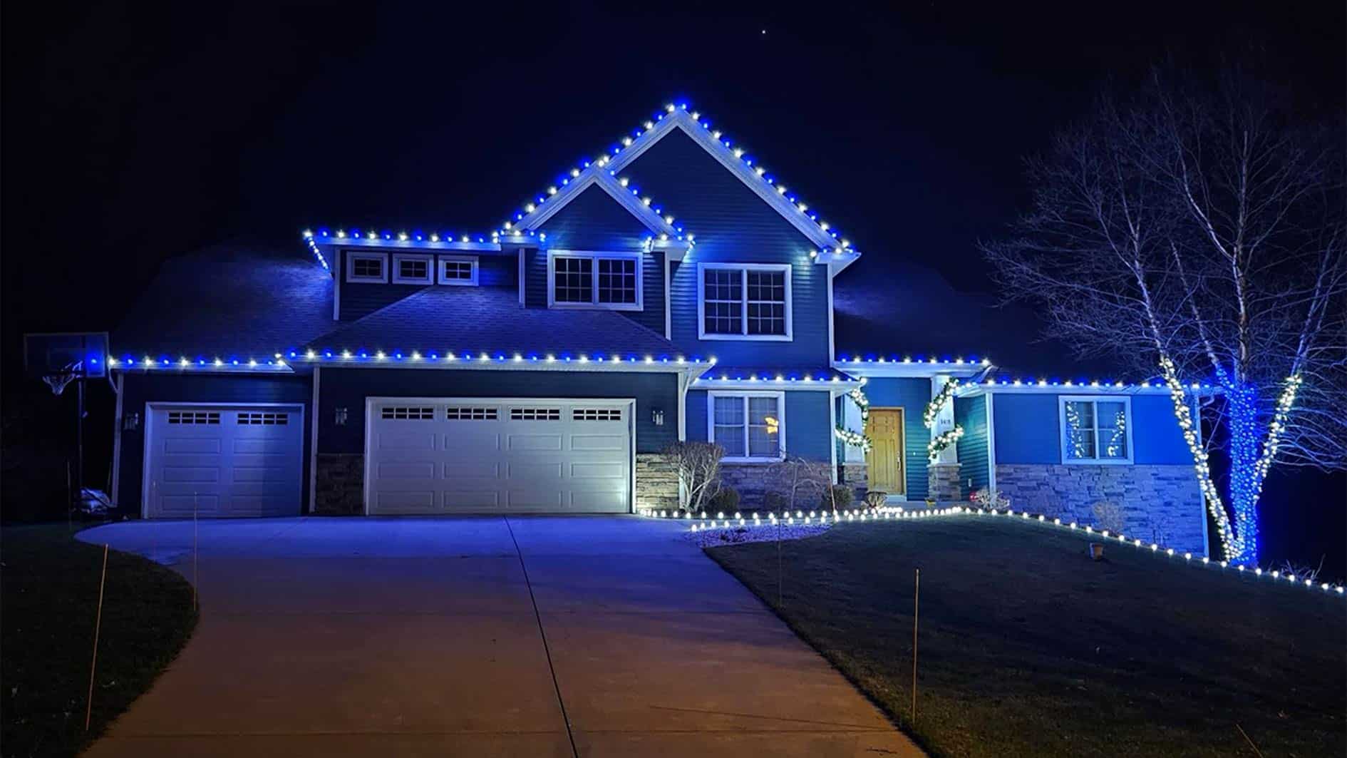 blue lights on large home
